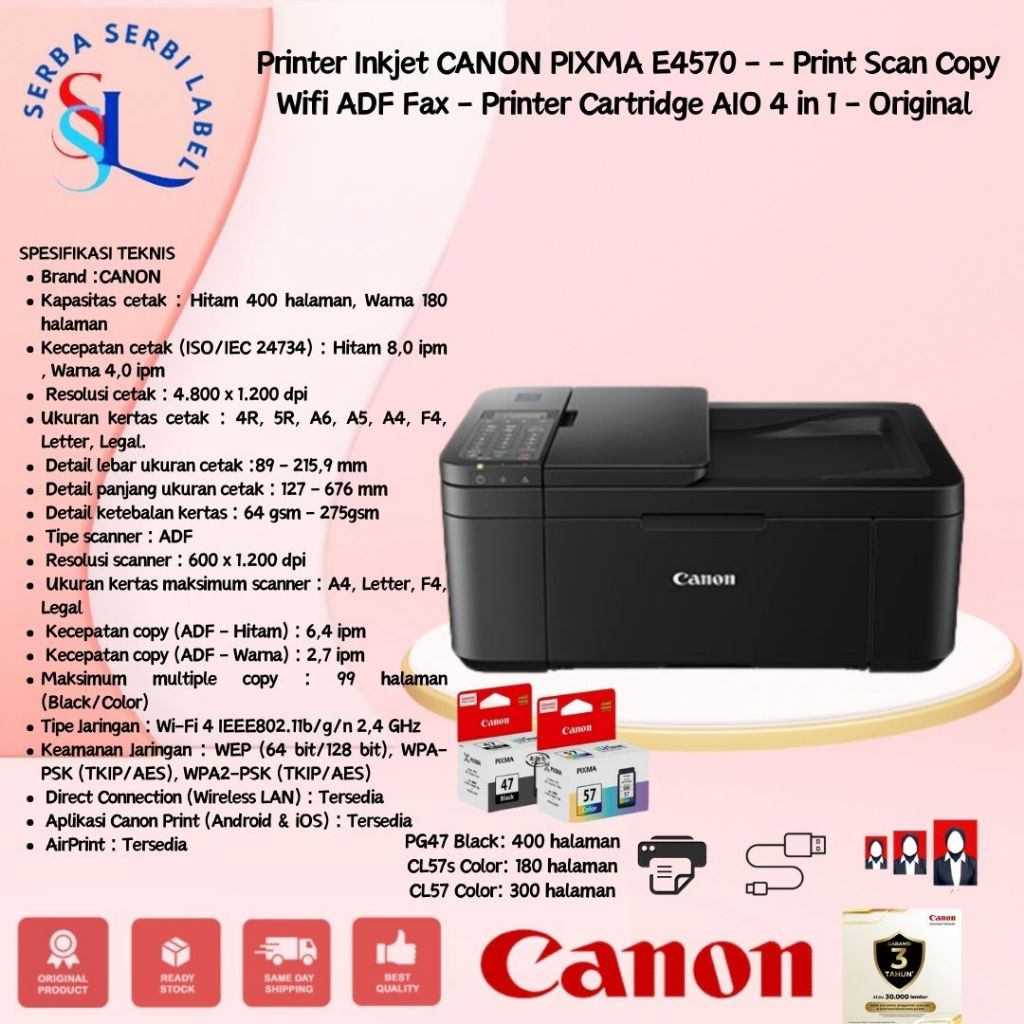Printer Inkjet CANON PIXMA E4570 - Print Scan Copy Wifi ADF Fax - Printer Cartridge AIO 4 in 1 - Pri