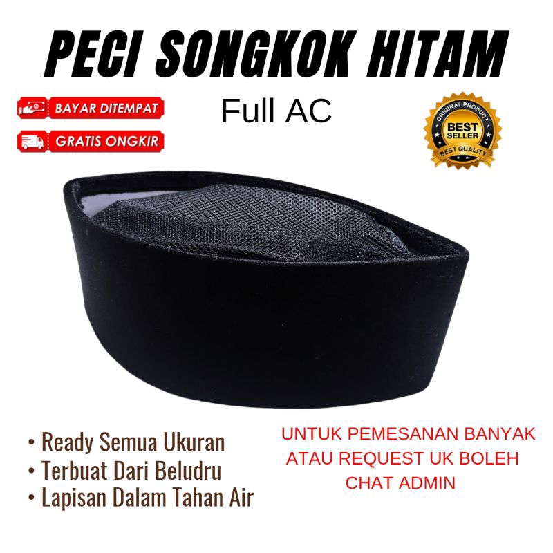 Songkok Hitam Full Ac / Peci Kopiah Hitam Beludru Full AC Premium / Songkok FULL AC Tinggi 8cm,9cm,1