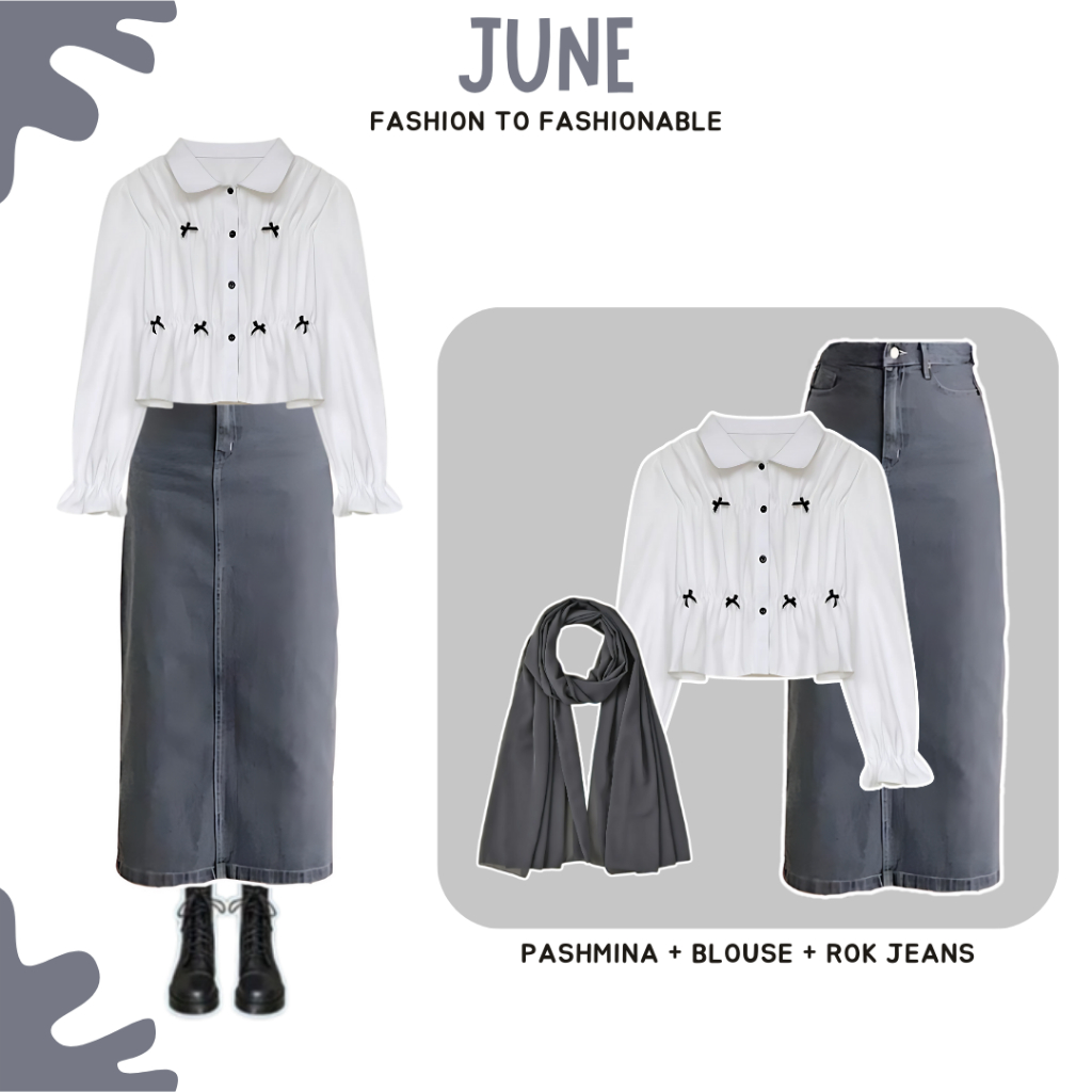 June One Set Outfit Remaja Korean Style Wanita Muslimah 3in1 ( Blouse Pita + Rok Jeans + Pashmina )