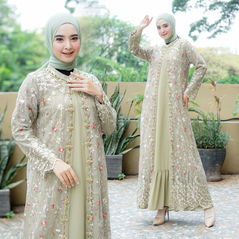 Gamis Pesta Super Mewah Model Outer Lepas Bahan Tulle Brokat Mix Ceruty Combinasi Payet Mutiara/Gami