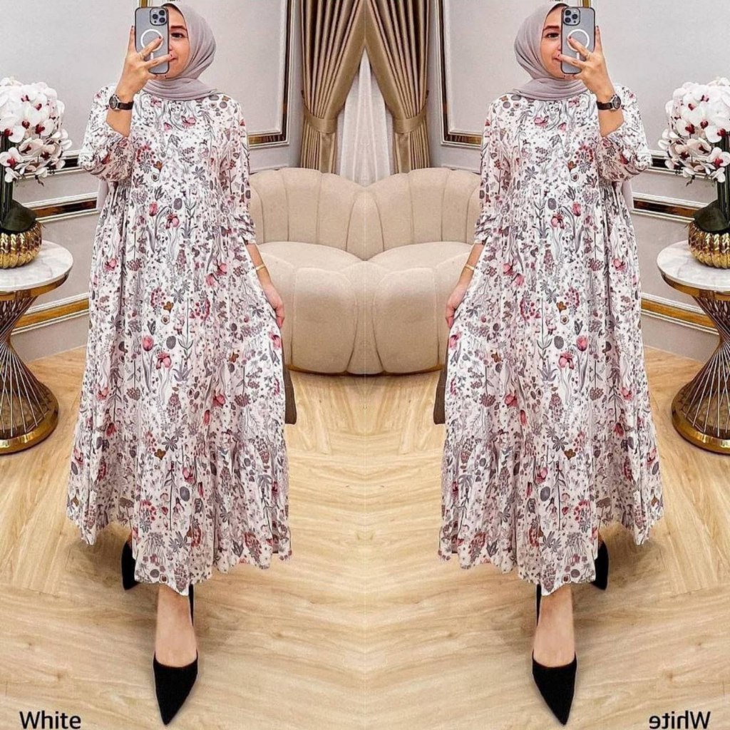 Gamis Midi Rania Dress Baju Lebaran Wanita Gamis Putih Dress brukat Terbaru 2024 Satin Velvet Silk P