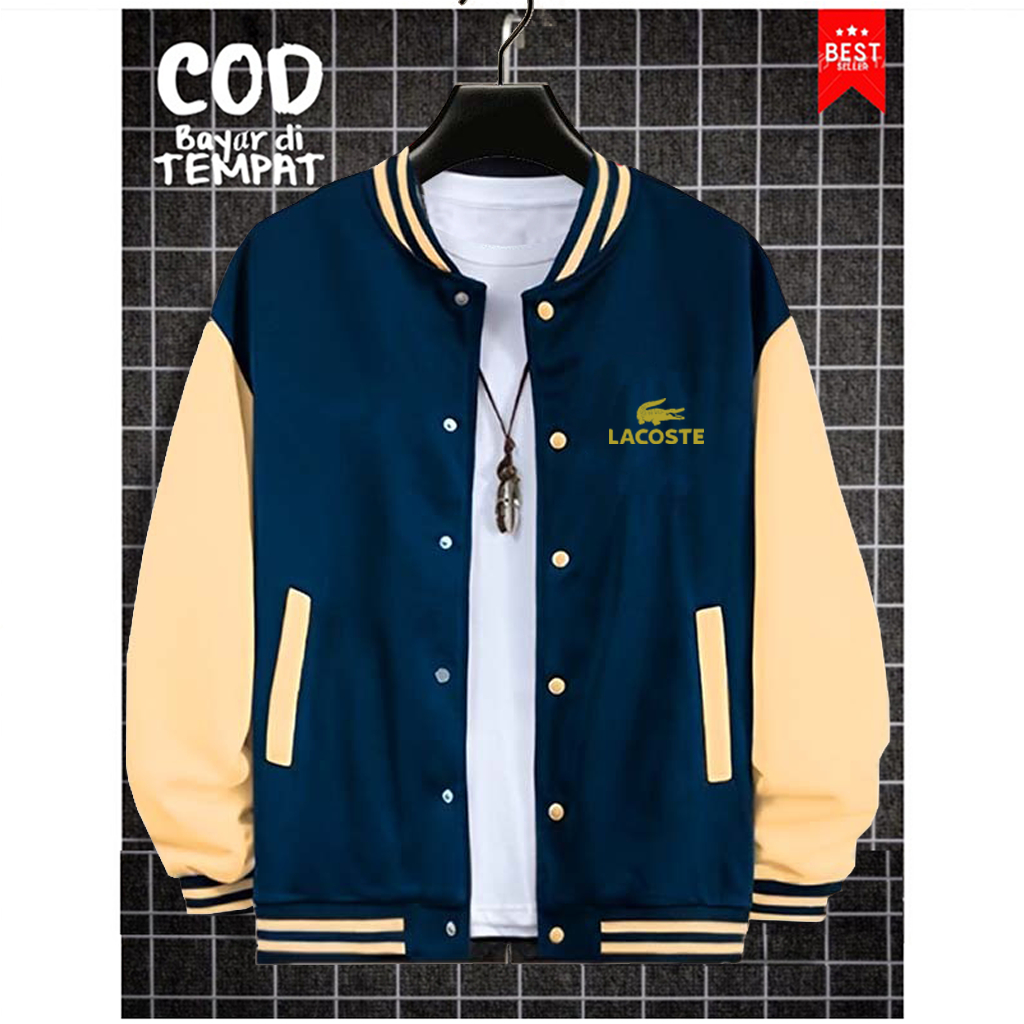 Cod Sweater Jaket Baseball Varsity Kancing Lacoste Gold Quality Premium / Baseball Distro Pria Wanit