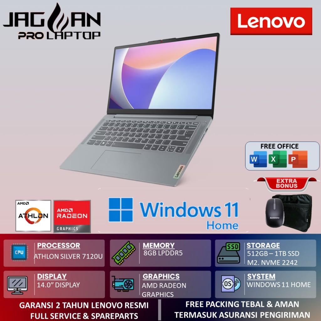 Lenovo Ideapad Slim 1 AMD Athlon Silver 7120U RAM 8GB 512GB SSD Windows 11 Home Grey