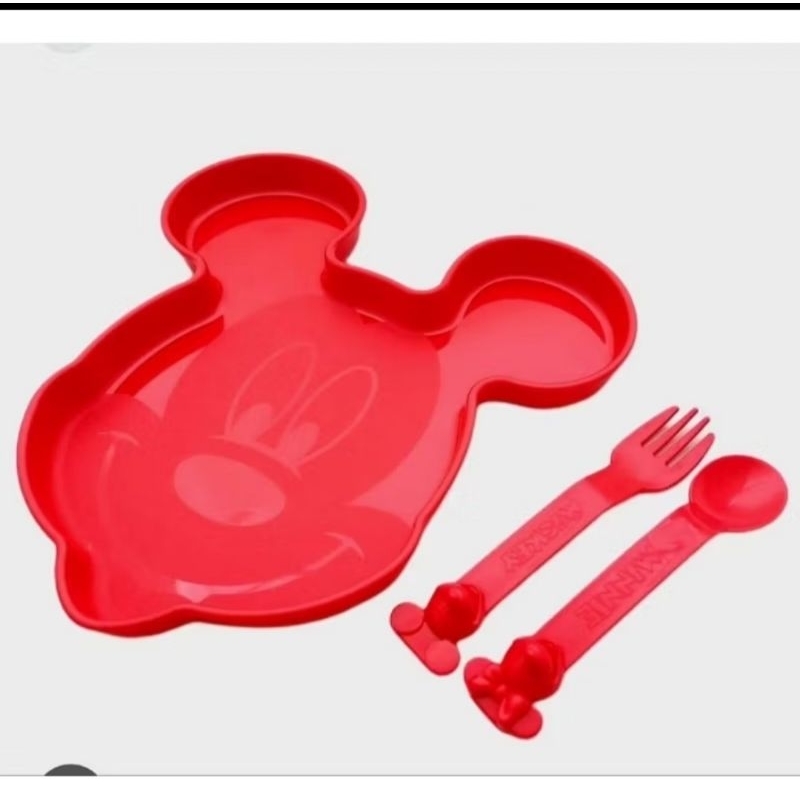 Promo Tupperware Mickey Plate + Cutlery  piring plastik disney cekung wadah makanan merah tempat say