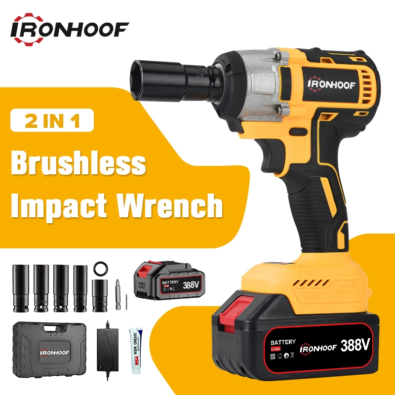 IRONHOOF Impact Wrench 388V 420NM Brushless Bor Impact Baterai Mesin Impact