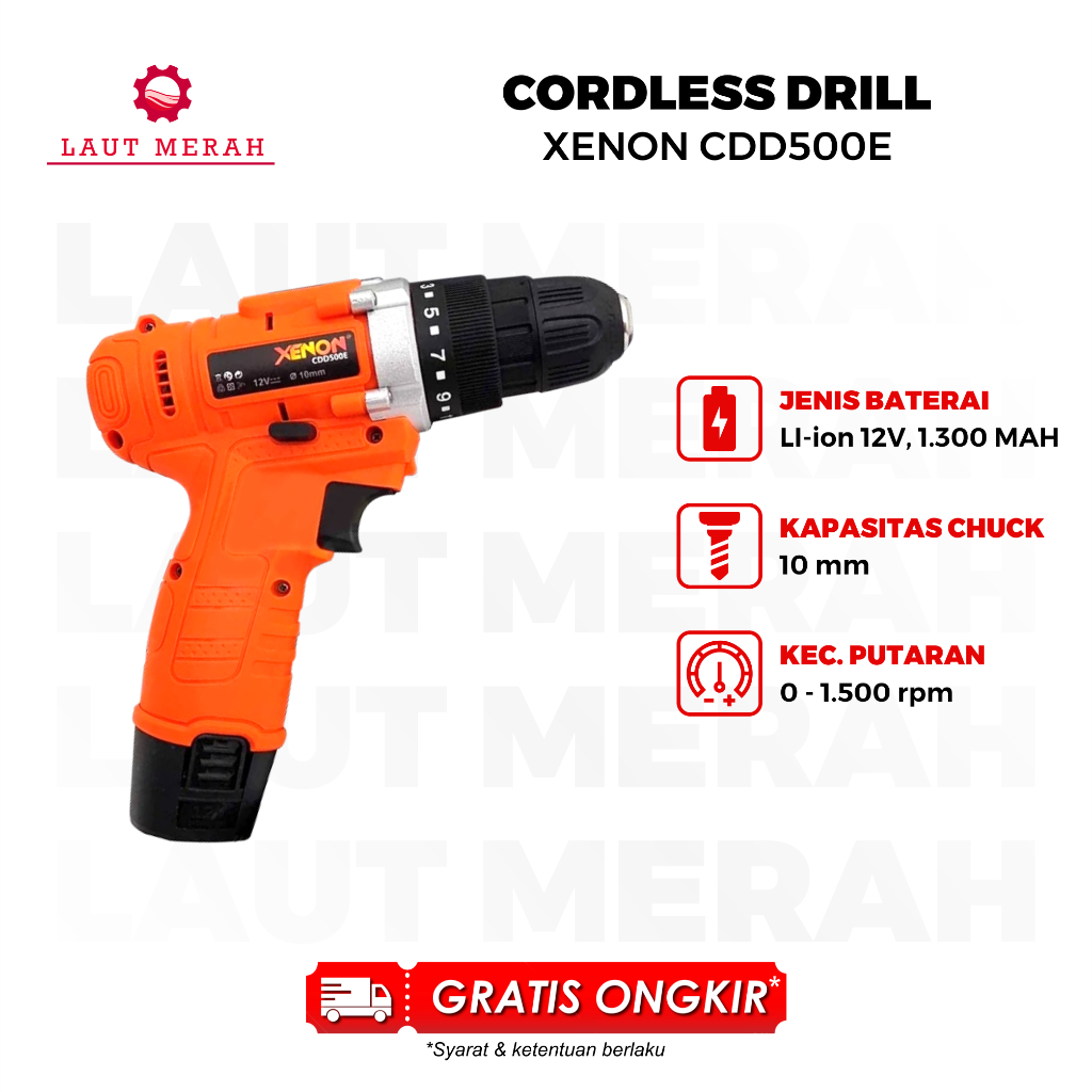XENON CDD500E Mesin Bor Cas Charger 12V Cordless Drill Mesin Bor Battray Mesin Bor Cass Bor Baterai 