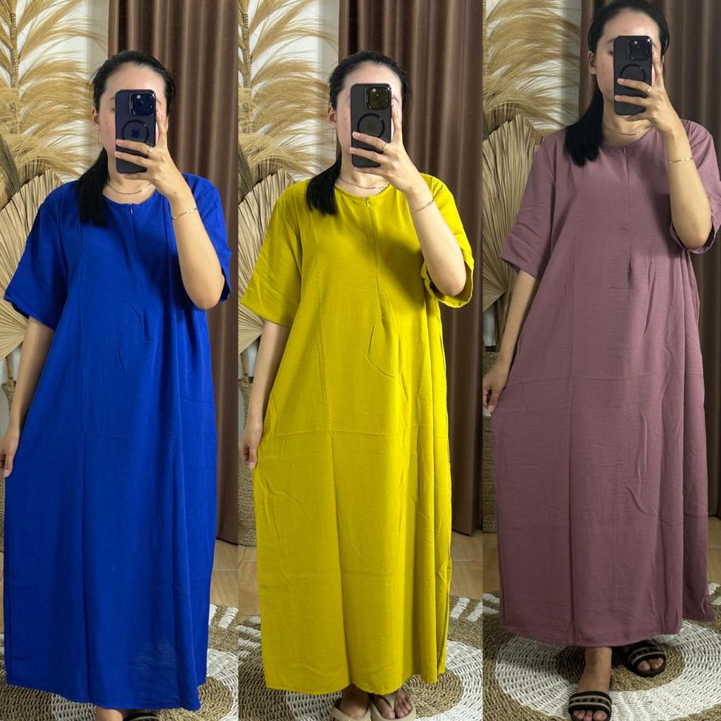 Daster Polos Kekinian Lengan Pendek Panjang Semata Kaki Bahan Crinkle Jumbo LD 120