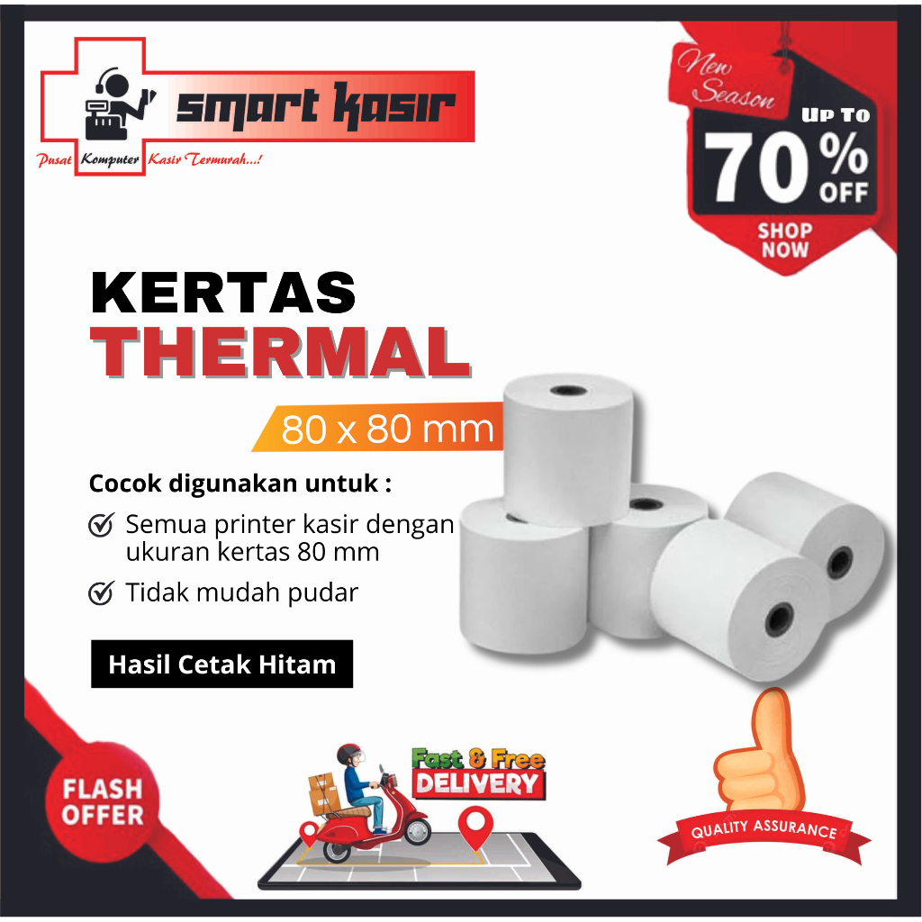 

Kertas Thermal Kasir Struk Murah Ult 80x80 Cetakan Hitam Untuk Printer Thermal 80mm