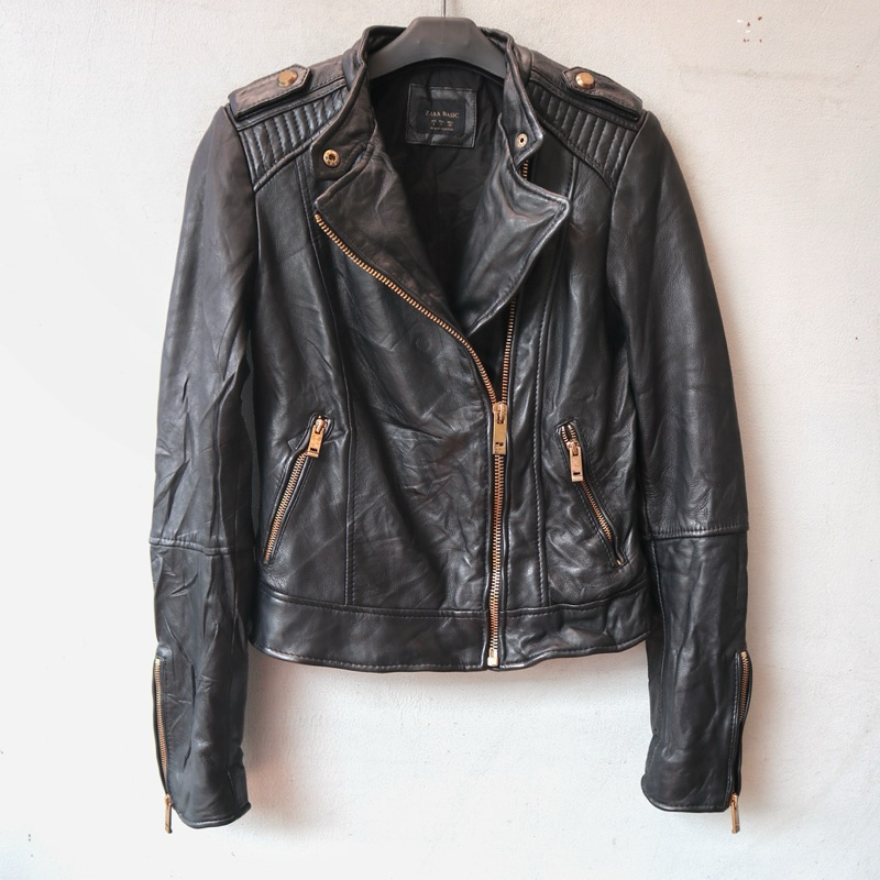 Zara Jaket kulit asli domba ramones cewek wanita biker rider jaket motor leather jacket Pl bekas pre