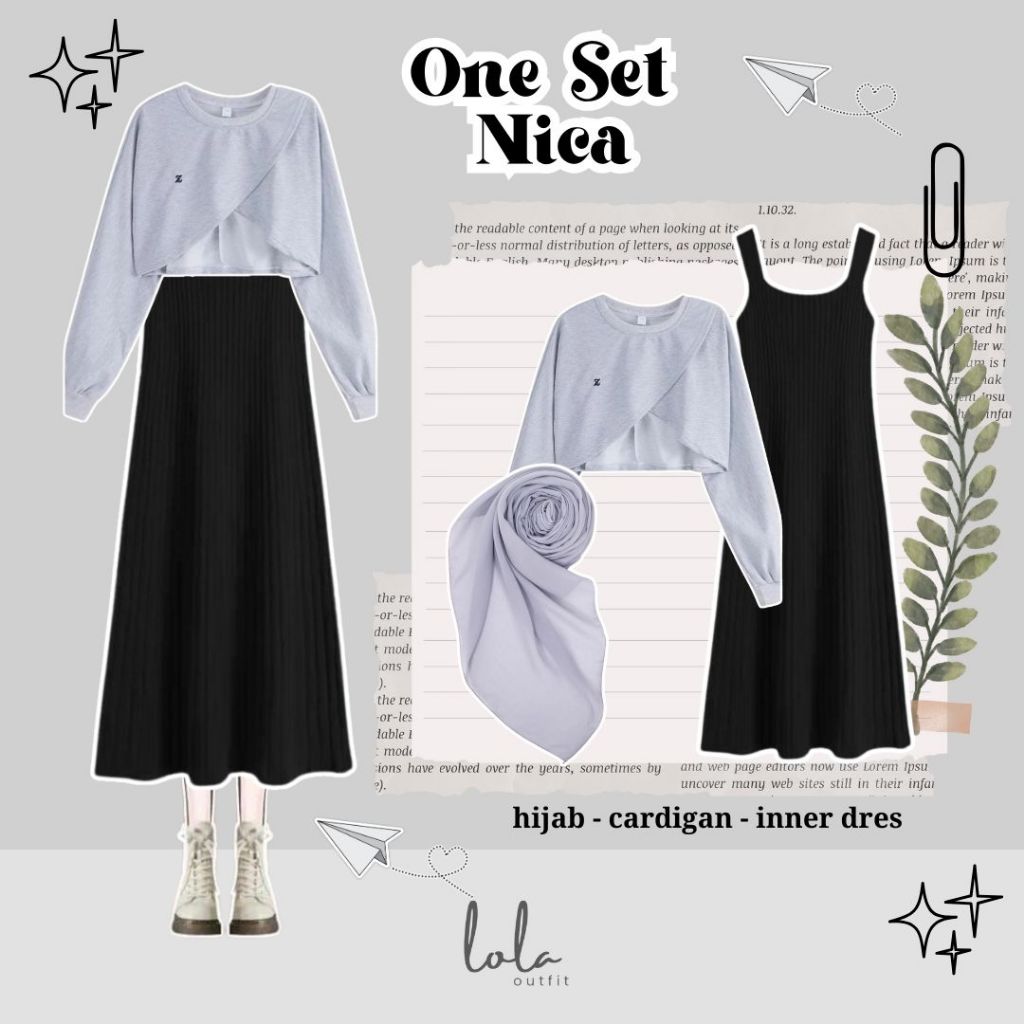One Set Nica (Hijab, Sweater, Inner Dress) Setelan 3 in 1 Wanita Korea Style ✿ Atasan Sweater Crop w