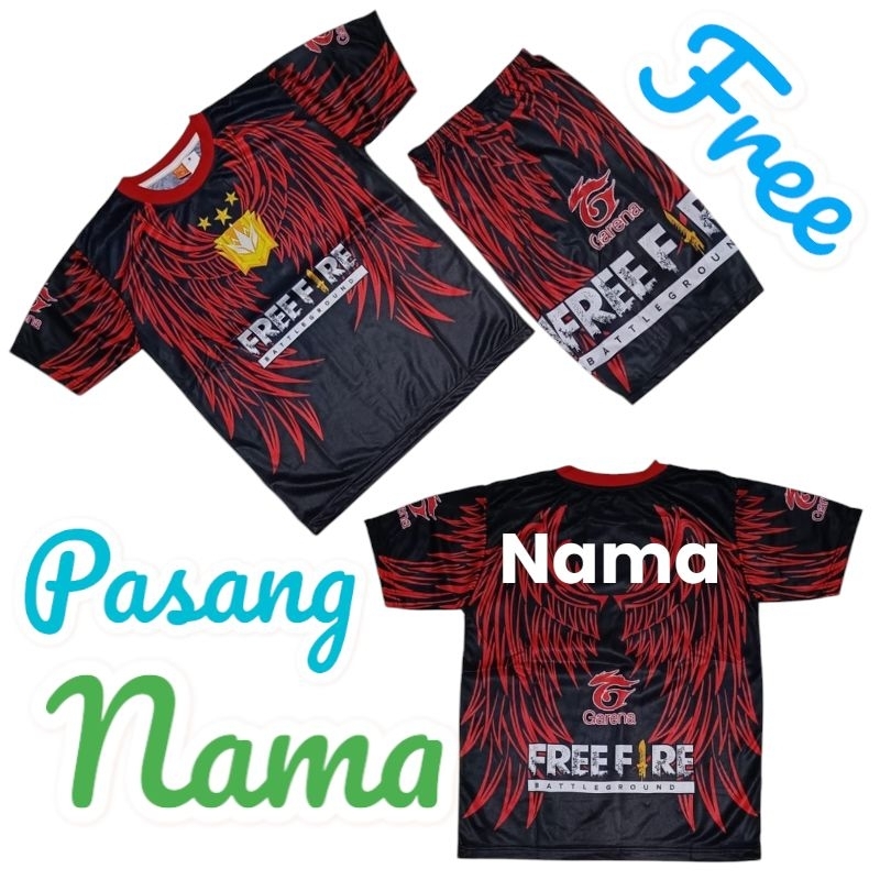 Setelan baju gaming Free Fire ,bisa custom nama anak/Kaos Hitam Nama