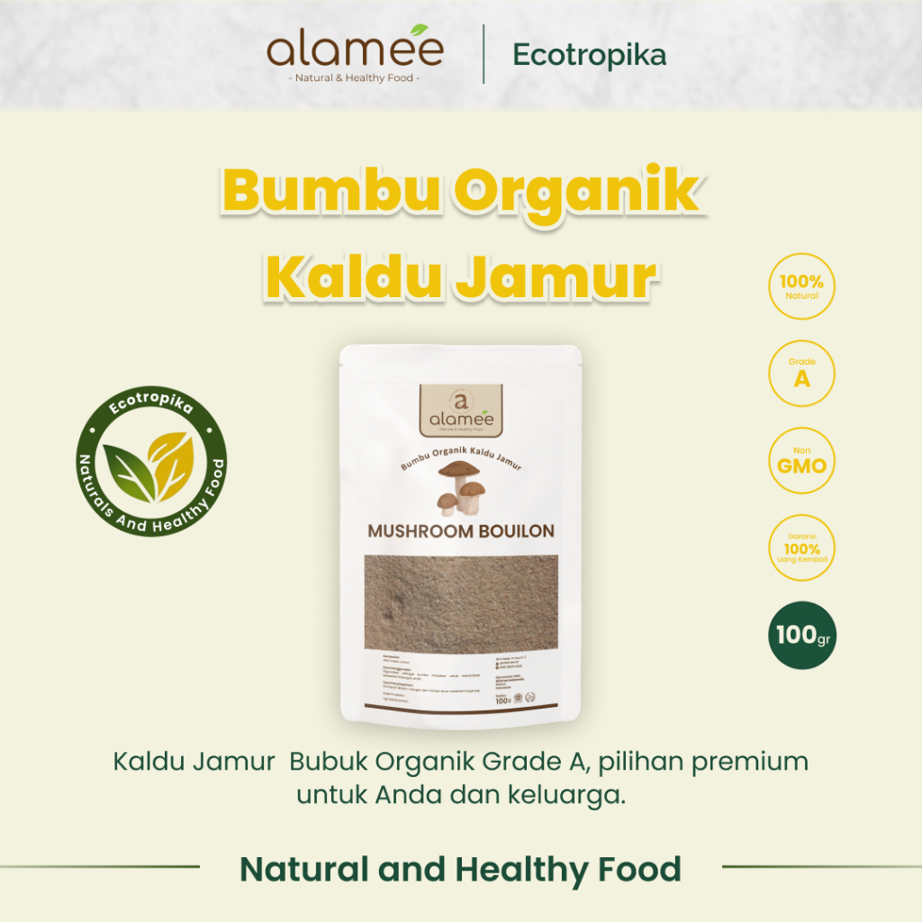 

Kaldu Jamur Bubuk NON MSG Bumbu Dapur Organik Praktis Mushroom Powder Bouilon Penyedap Rasa 100 Gram