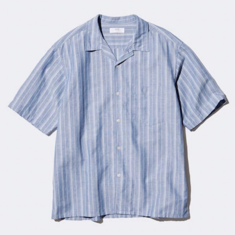 UNIQLO Men Shirt Kemeja Pria Katun Linen Garis Lengan Pendek