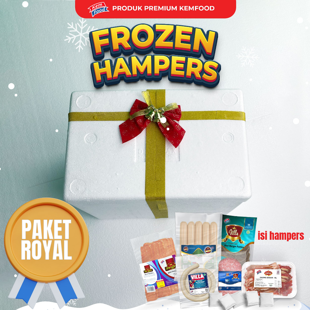 

PAKET ROYAL HAMPERS - Sosis Ayam Villadorp Premium 600gr - Sosis Beef Bob's 1 Meter 400gr - Smoked Beef Villa 150gr - Smoked Beef Rasher 250gr -Patties Beef Burger Villa 400gr - Kemfood - Beef Slice for Grilled and Shabu 500gr