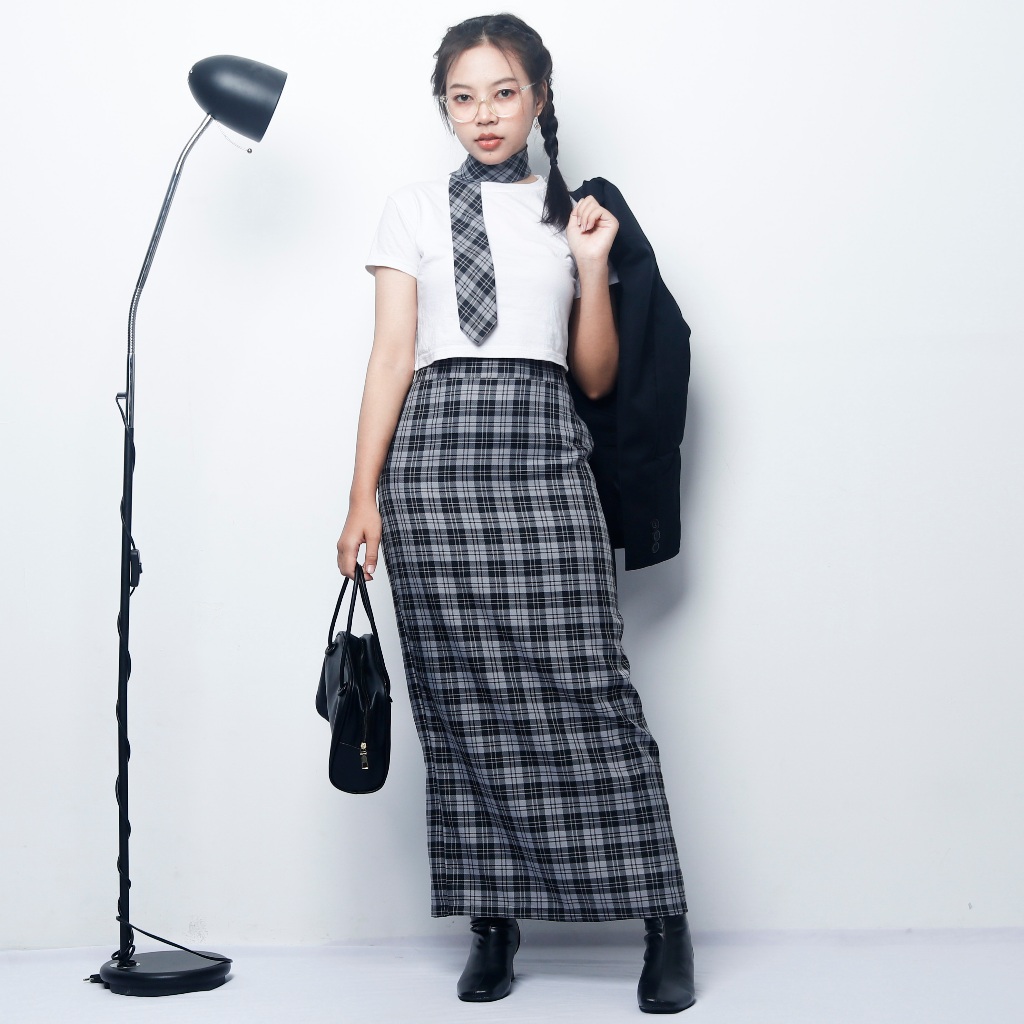 Rok Tartan Highwaist Kotak Kotak Maxi Rok Panjang/Rok Highwaist Vintage