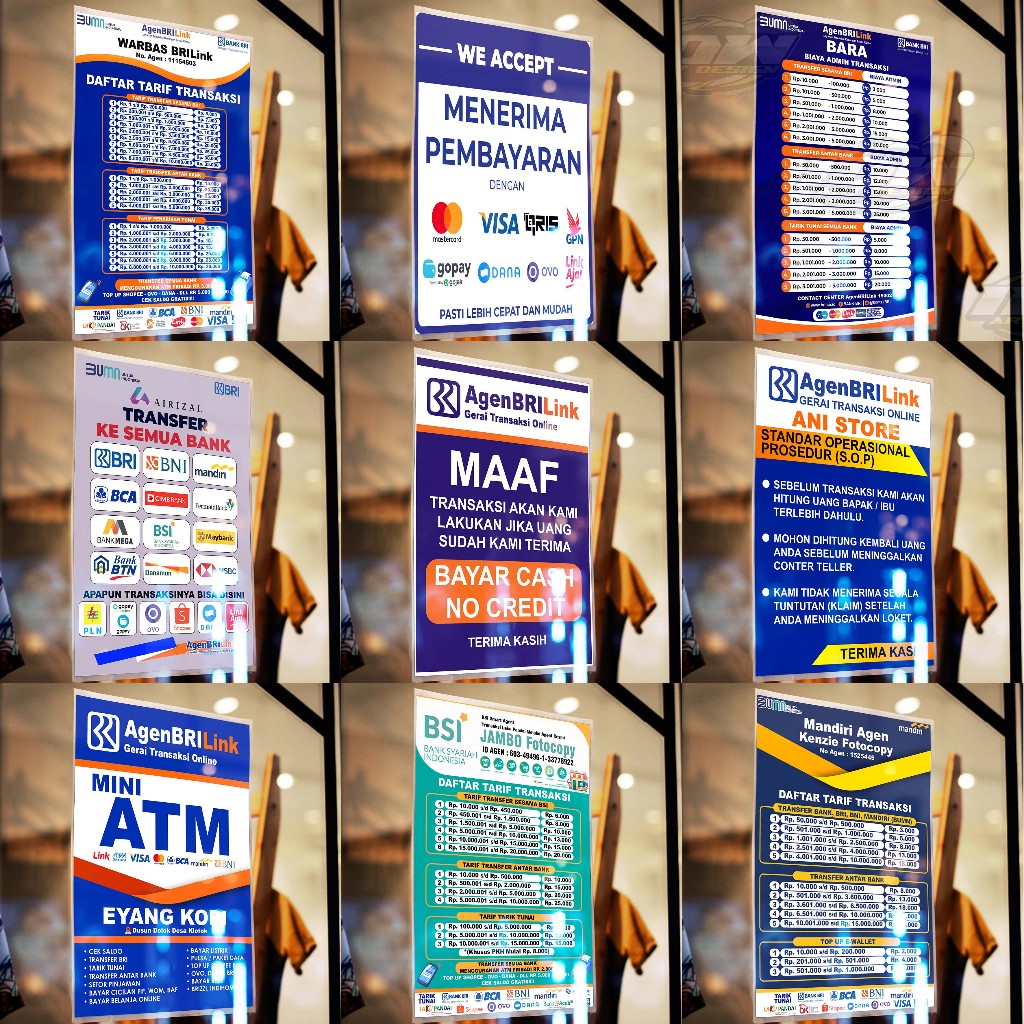 

STIKER / POSTER DAFTAR TARIF AGEN BRILINK BSI MANDIRI, TOP UP, TOP UP GAMES, MINI ATM, DLL