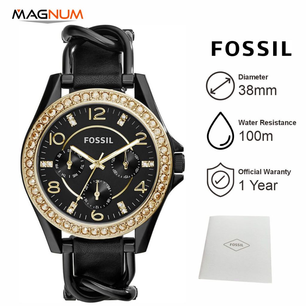 12.12 Jam Tangan Wanita FossiI ES3696 Chronograph Black Gold Leather Strap