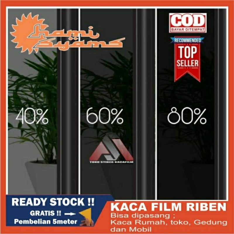 Kaca Film Jendela Rumah Mobil Anti Panas Stiker Riben 40% 60% 80%