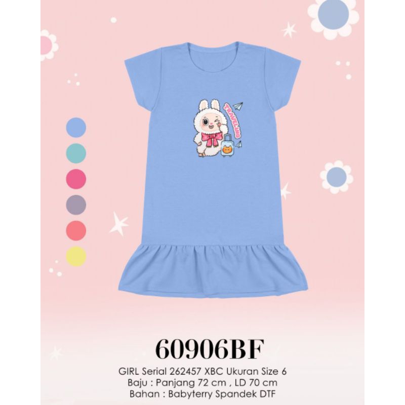 609BF Lemone daster anak polos dress kaos rempel gambar lucu