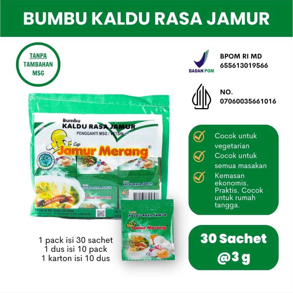 

Bumbu Kaldu Jamur Merang Alami Non MSG 1 Pack isi 30 Sachet Kaldu Alami rasa Jamur BPOM Halal (Exp 2026)With Minyak Canola