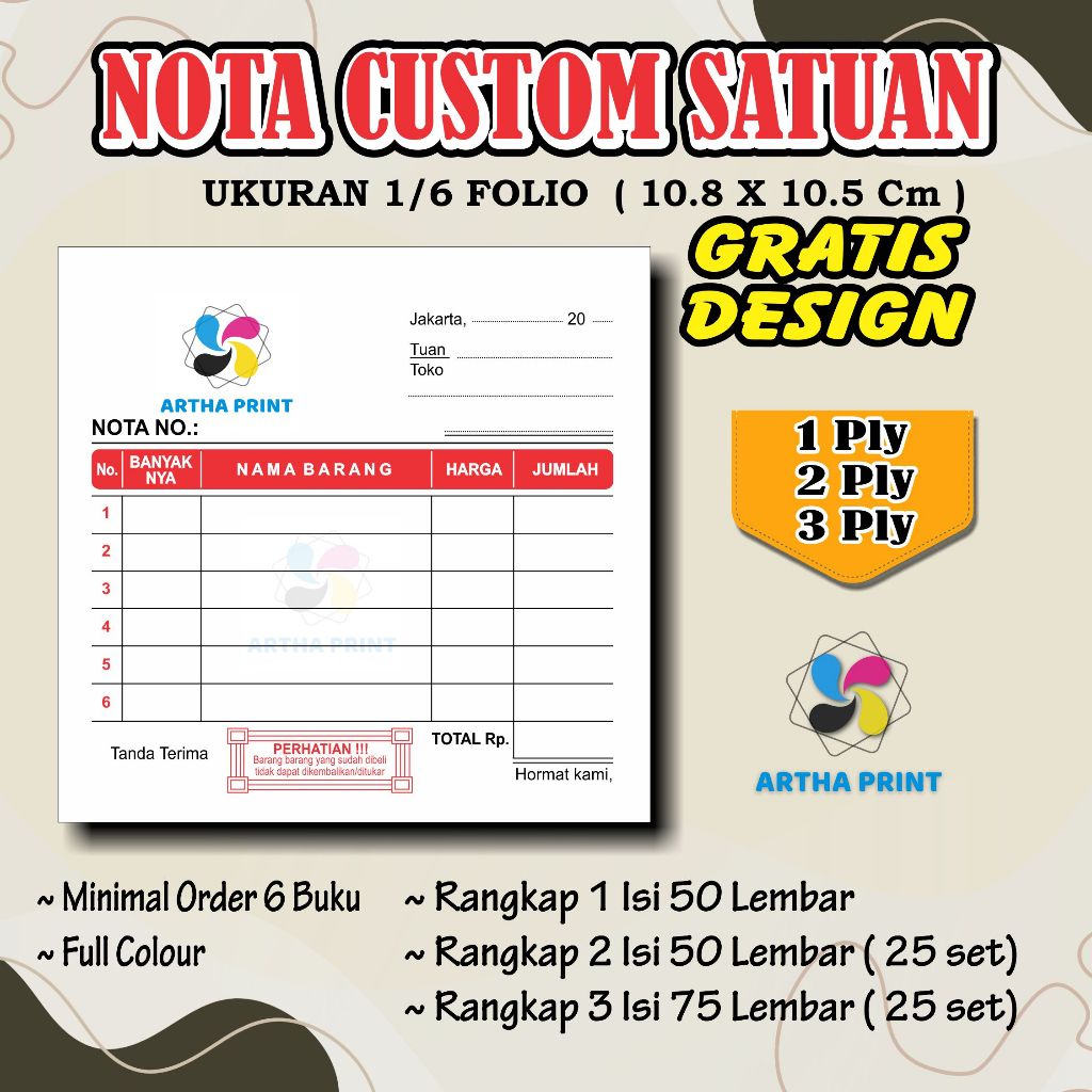 

Nota 1/6 Folio 1ply 2 ply 3 ply nota custom request nama toko olshop sendiri free desain