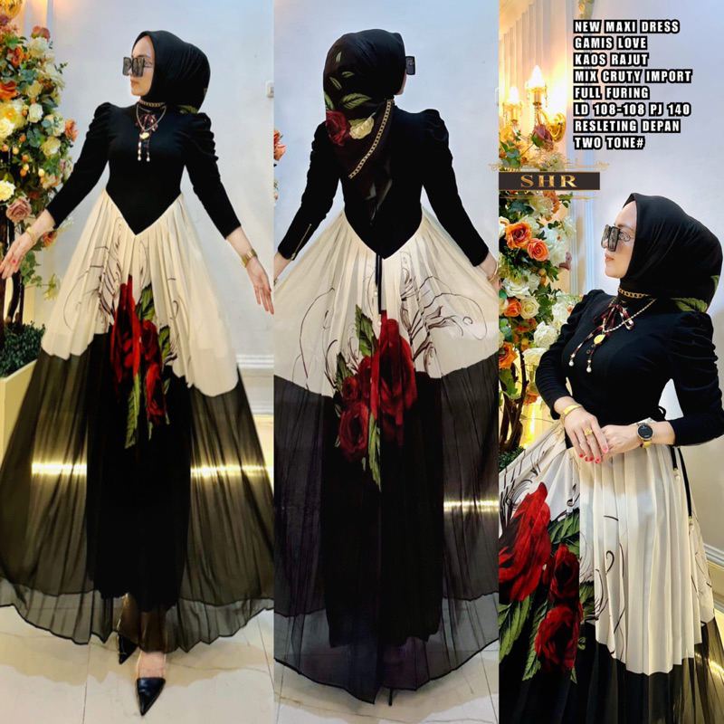 NEW SHR MAXI DRESS RAJUT MIX CERUTY BUNGA MAWAR ORI SHR 100%