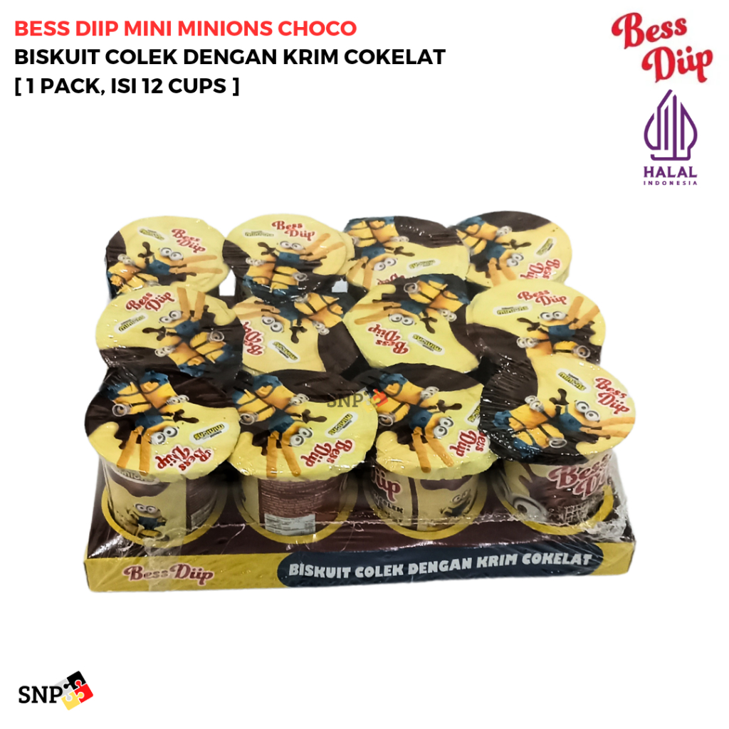 

BESS DIIP MINI MINIONS CHOCO BISKUIT COLEK KRIM COKELAT [1 PACK, ISI 12 CUPS]