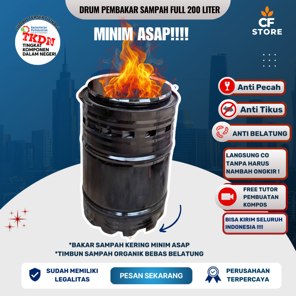 DRUM BAKARAN SAMPAH TANPA ASAP, tong sampah besar 200 LITER CF DRUM, tong drum bakar sampah