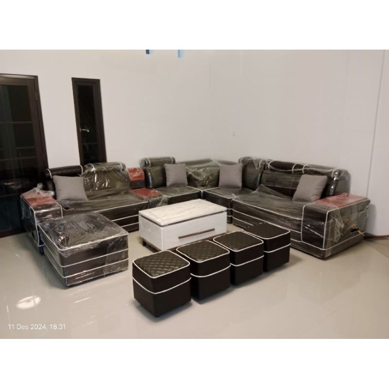 sofa kulit - sofa ruang tamu - sofa livingroom model letter u jumbo bahan kulit premium
