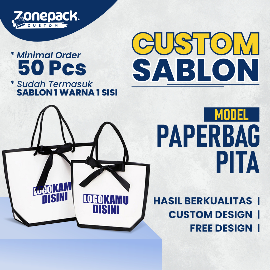 

Sablon PaperBag Pita| Custom / Free Desain Tas Kado Putih Pita | Tas Gift Souvenir