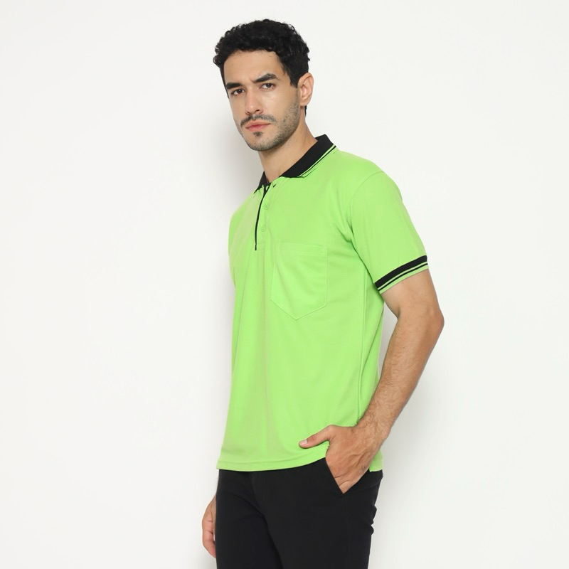 KAOS POLO SHIRT - LENGAN PENDEK - HIJAU STABILO - KERAH HITAM - SAKU