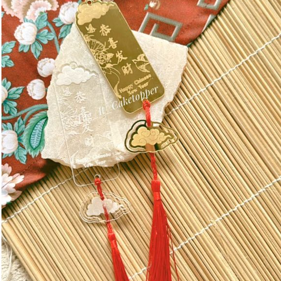 Gantungan Imlek Akrilik Bening Gold Mirror Hiasan Hampers Gantungan Tassel Chinese New Year Acrylic 