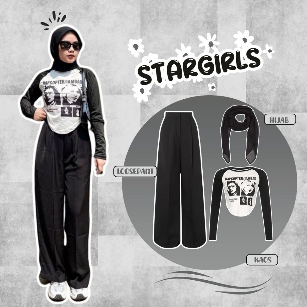 Outfit kekinian wanita hijab | Outfit konser (Kaos hitam, Celana kulot, Jilbab bella square) -LU031