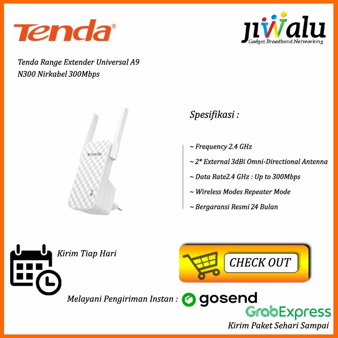 Tenda Range Extender Universal A9 N300 Nirkabel 300Mbps