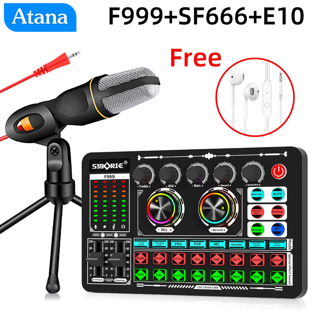 Atana soundcard F999+SF666/BM800PRO mic+E10 headset paket lengkap set Mixer bluetooth  Mendukung COD