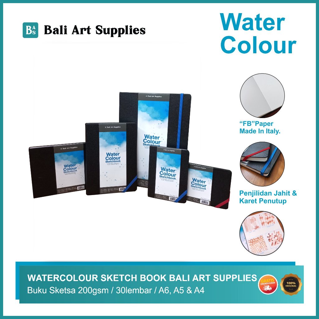 

Watercolour Sketchbook Bali Art Supplies in Sewing Binding | Buku Gambar Cat Air Hard Cover Watercolour Book di Jilid Jahit 30 lembar A4, A5 dan A6 200gsm