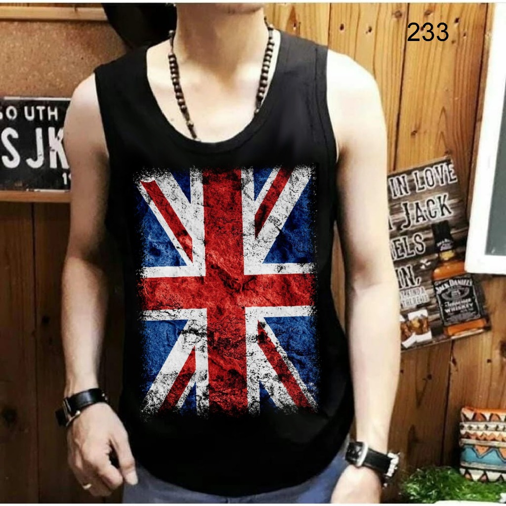 Singlet Pria Hitam Santai Dan Gym Motif Bendera Uk