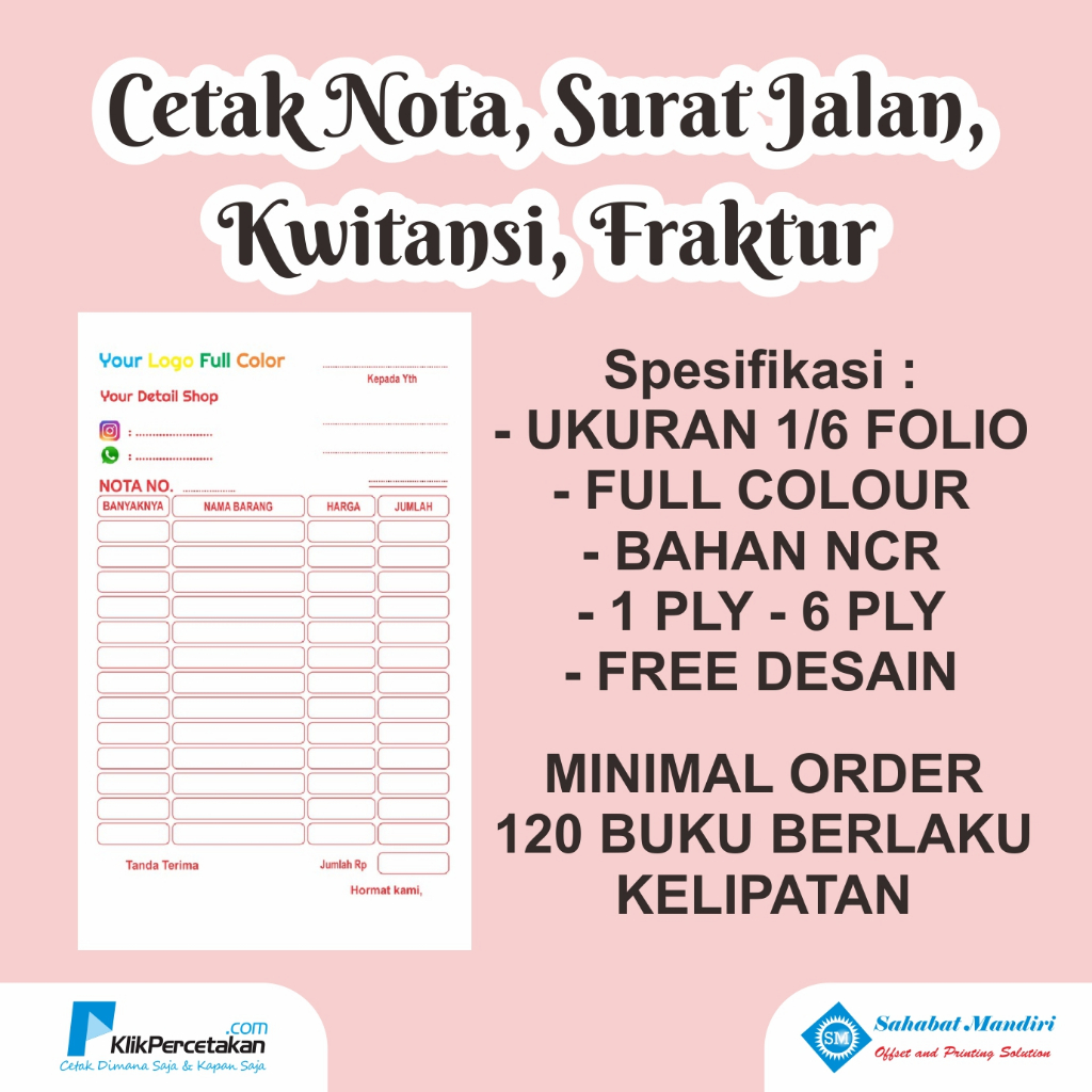

CETAK NOTA, SURAT JALAN, KWITANSI, FRAKTUR | UKURAN 1/6 FOLIO | 1 PLY 2 PLY 3 PLY 4 PLY 5 PLY 6 PLY