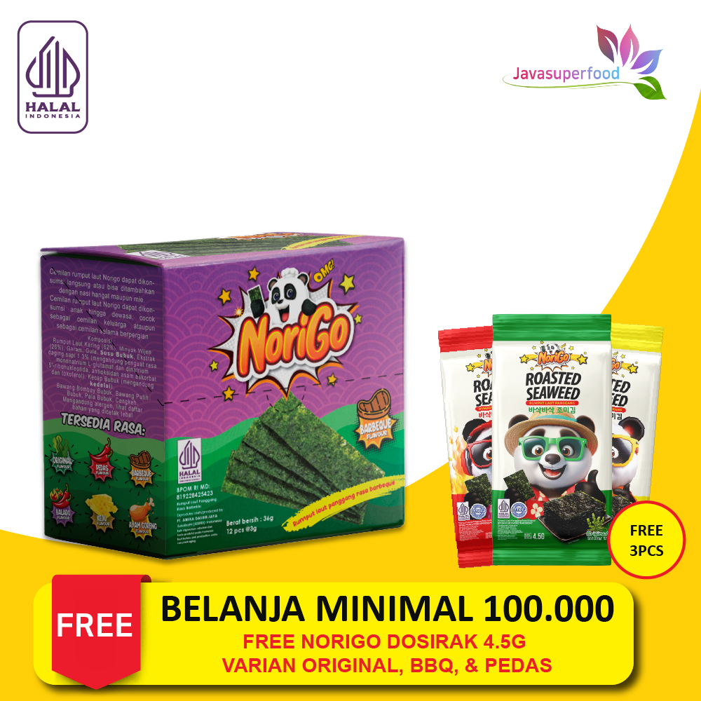 

Norigo BBQ (1 BOX ISI 12 PCS) / Nori Sachet Seaweed Snack 3g Rumput Laut Halal Rasa BBQ