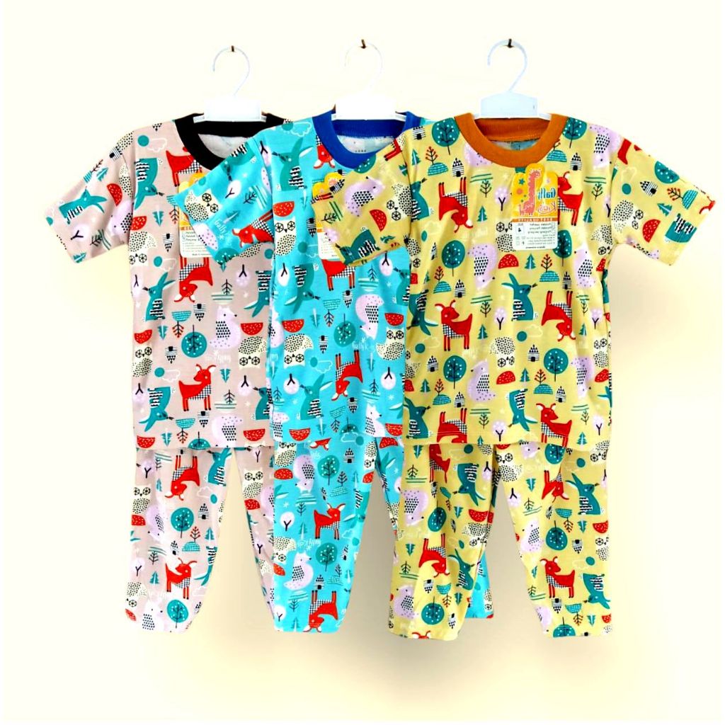 3 stel baju anak printing anti luntur 1-2 tahun motip animal tersedia berbagai motip dan warna