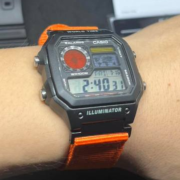 Modified jam tangan pria Casio AE-1200, colorful LCD, hydromod case and Nato kanvas canvas military 