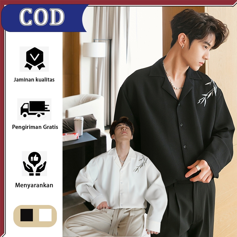 korean style kemeja bordir pria kemeja putih hitam kemeja lengan panjang premium kemeja bordir putih