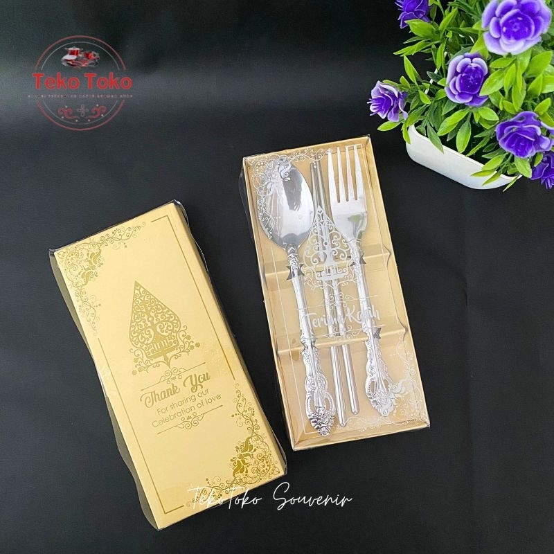 Ecer/Grosir Souvenir Sendok Garpu Sumpit Stainless Kemasan Box Mika
