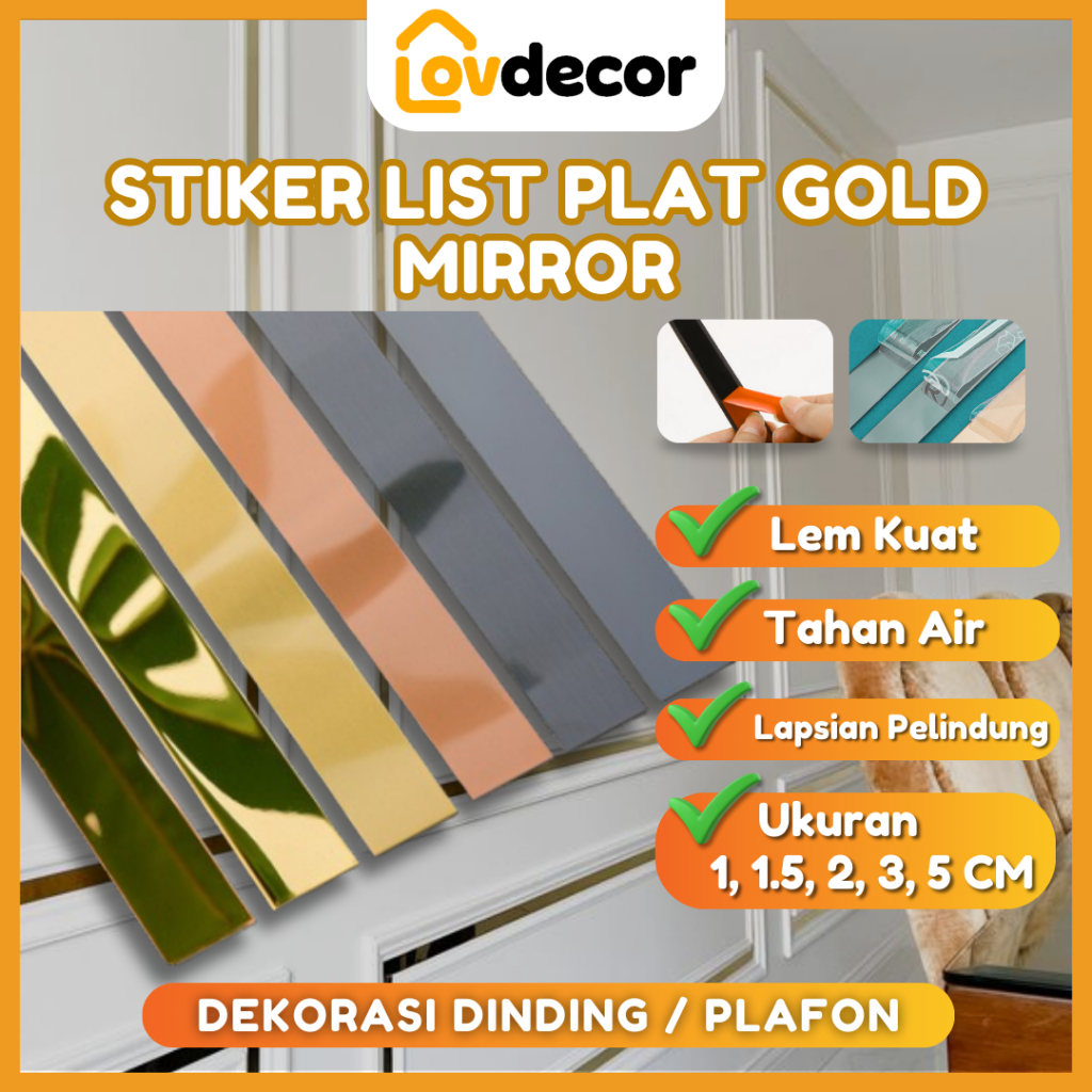 Stiker List Plat Gold Mirror / List Stainless Steel Mirror Gold / Wall Stiker Dekorasi Dinding 3M
