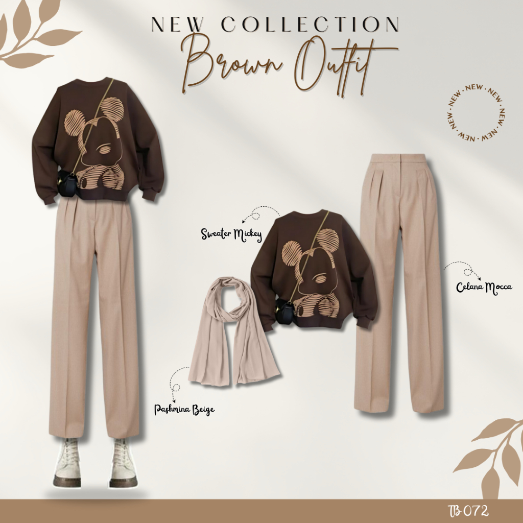 One Set Brown Outfit Atasan Sweater Mickey Celana Crinkle Mocca Pashmina Beige TB 072