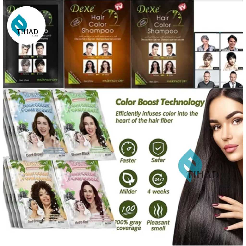 DeXe Hair Color Shampoo Foam Bubble Black Brown Dye - Sampo Pewarna Rambut Hitam Coklat Merah