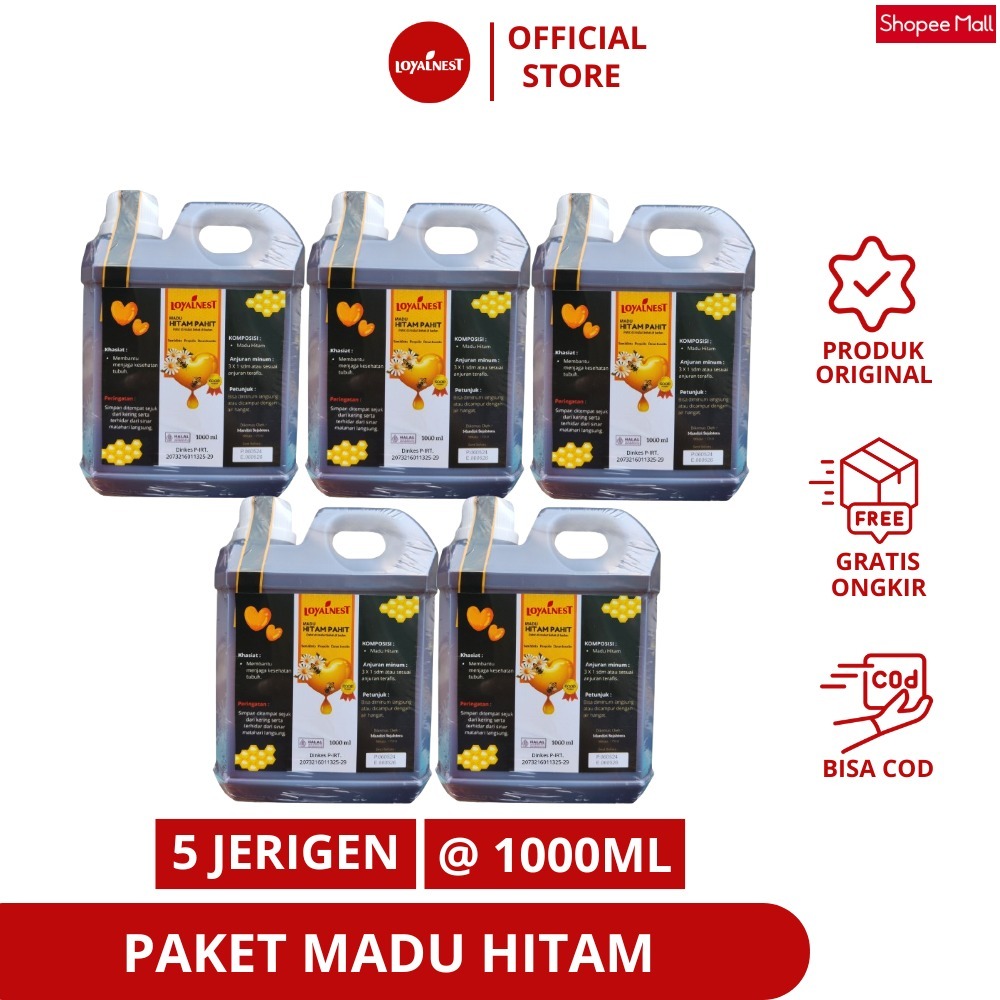 

Loyalnest Paket 5 Jerigen Madu Hitam Pahit Asli 1kg Madu Pahit Herbal Plus Propolis Daun Insulin Sambiloto