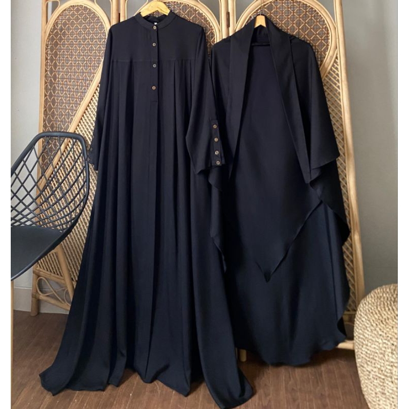 (HITAM) SATU SET BAHAN SYAKILA TURKISH, GAMIS + FRENCH KHIMAR
