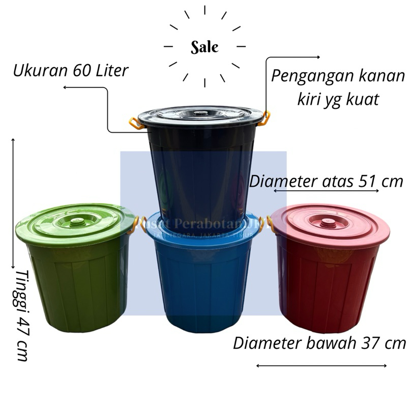 EMBER AIR PLASTIK + TUTUP 60 LITER WARNA / EMBER PLASTIK BESAR JUMBO / EMBER / BAK