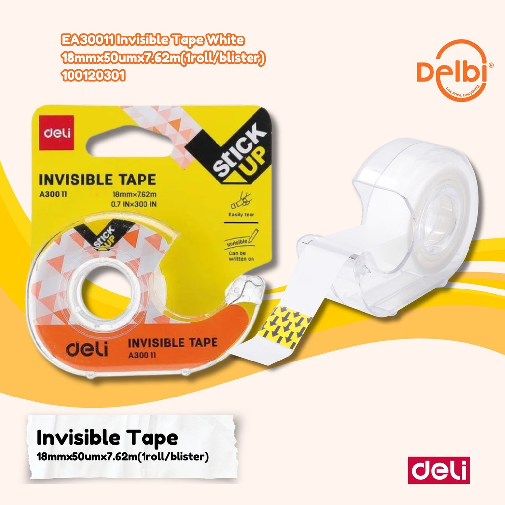 

Deli Isolasi / Solatip Invisible Tape Dapat Ditulis, Dengan Dispenser, Warna Kertas Tidak Terlihat EA30011 Invisible Tape White 18mmx50umx7.62m(1roll/blister)